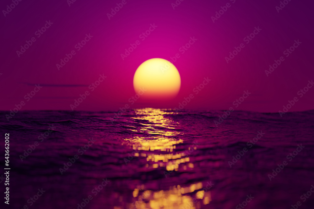 Wave beach and sunset sky abstract background. Nature and summer concept. 3d render.