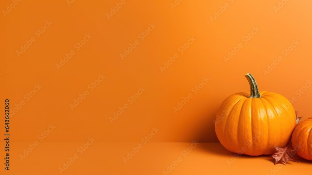 pumpkins and leaves on wooden background