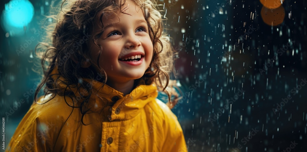 Happy little child girl having fun to play with the rain. Kid playing and catching rain drops on the nature outdoors. Family walk. Girl is wearing in yellow raincoat and enjoying rainfall Happy little child girl having fun to play with the rain. Kid playing and catching rain drops on the nature outdoors. Family walk. Girl is wearing in yellow raincoat and enjoying rainfall