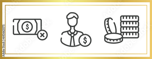 bitcoins cryptocurrency outline icons set. linear icons sheet included no money, backer, money stack vector.