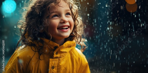 Happy little child girl having fun to play with the rain. Kid playing and catching rain drops on the nature outdoors. Family walk. Girl is wearing in yellow raincoat and enjoying rainfall