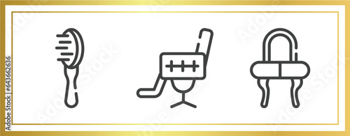 pretty outline icons set. linear icons sheet included inclined hairbrush, beauty salon chair, mirrored vanity desk vector.