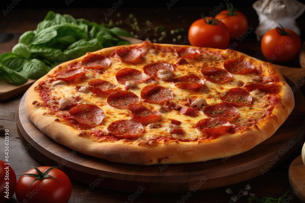 Juicy cheese and pepperoni pizza, appetizing and golden brown., generative IA