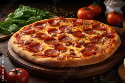 Juicy cheese and pepperoni pizza, appetizing and golden brown., generative IA