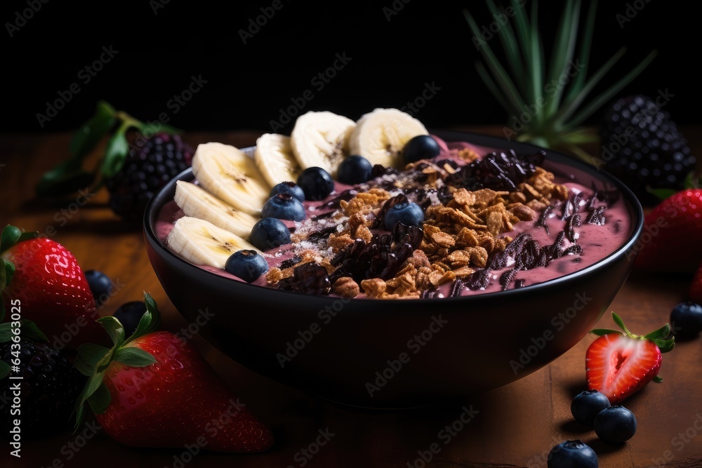 Tropical acai: Colorful bowl with fresh fruit and tempting syrup., generative IA