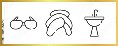 spa elements outline icons set. linear icons sheet included sun glasses, head towel, washbowl vector.