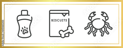 fauna outline icons set. linear icons sheet included shampoo, biscuits, big crab vector.