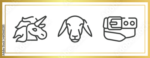 woof woof outline icons set. linear icons sheet included unicorn, female sheep head, belt and buckle vector.