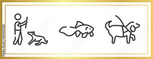 dog and training outline icons set. linear icons sheet included man dog and stick, gold fish, guide dog vector.