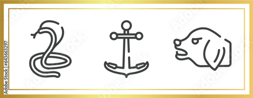 woof woof outline icons set. linear icons sheet included poisonous cobra, boat anchor, angry dog vector.