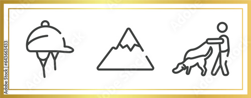 dogs outline icons set. linear icons sheet included hat for a jockey, mountain range, dog and a man vector.
