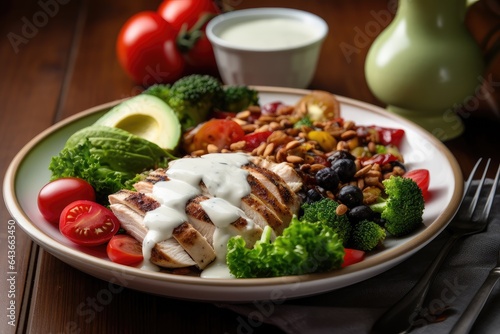 Colorful fitness dish: chicken, broccoli, quinoa, tomato and avocado with yogurt sauce., generative IA photo