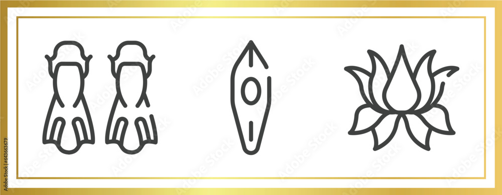 nature outline icons set. linear icons sheet included flippers, canoe, lotus flower vector. nature outline icons set. linear icons sheet included flippers, canoe, lotus flower vector.