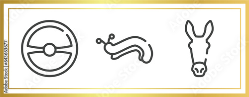 animals outline icons set. linear icons sheet included steering wheel, slug, donkey vector.