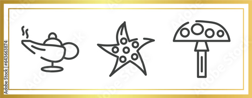 nature outline icons set. linear icons sheet included magic lamp, starfish, amanita vector.