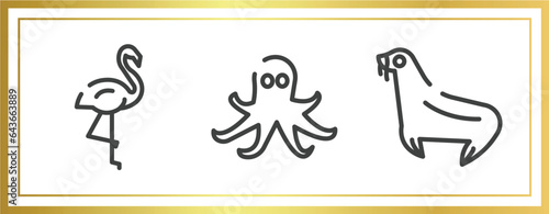 zoo outline icons set. linear icons sheet included flamingo, octopus, sea lion vector.
