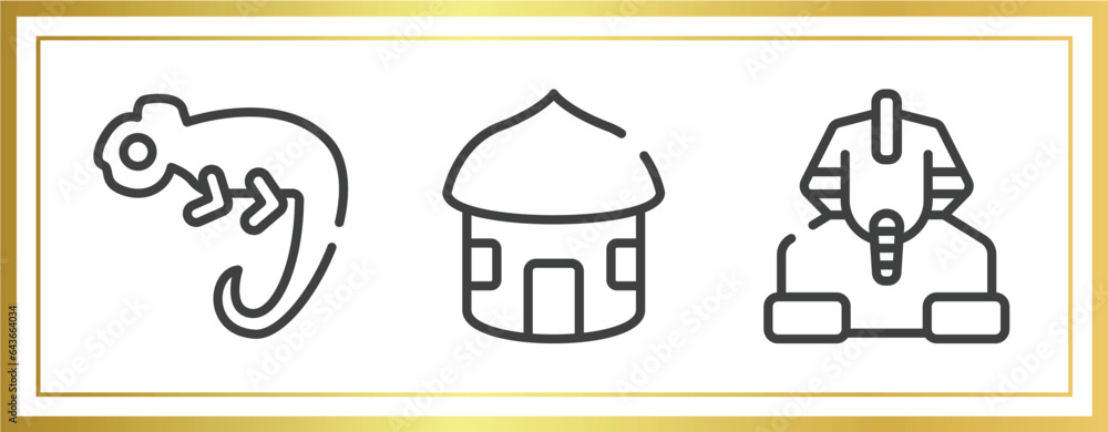 africa outline icons set. linear icons sheet included chameleon, hut, sphinx vector.