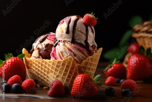 Vanilla ice cream with strawberries and chocolate.         generative IA