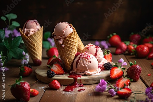Vanilla ice cream with strawberries and chocolate. ??????, generative IA © Laisa