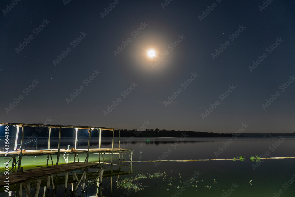 Evening by the river, moon, river and fishing deck