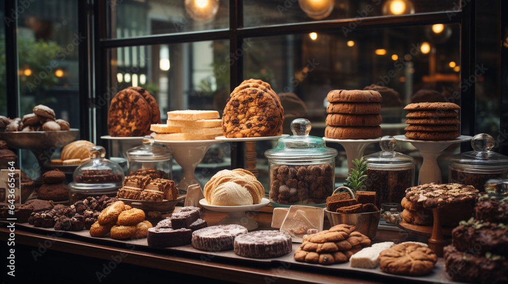 An image of a vegan bakery display featuring an array of delectable pastries, cakes, and cookies free from animal products
