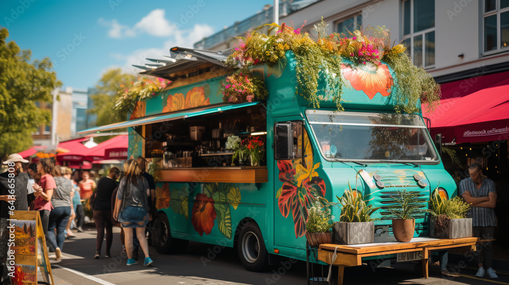An image of a vegan food truck at a bustling street food festival, attracting food enthusiasts with its plant-based delights - obrazy, fototapety, plakaty 