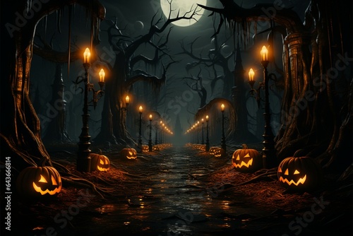 Eerily lit 3D forest Halloween pumpkins create a haunting atmosphere
