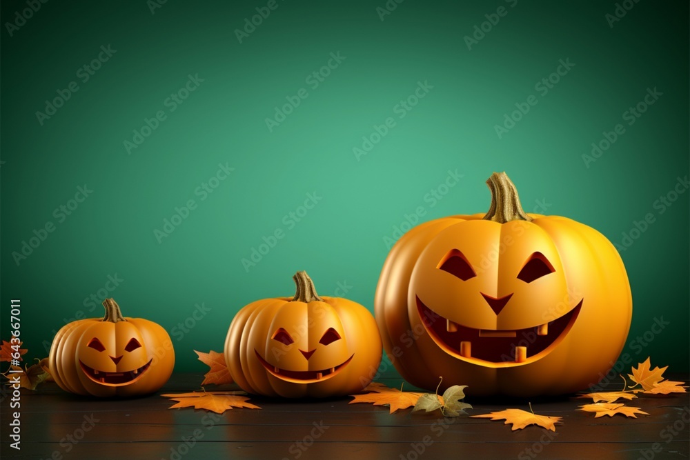 Festive Halloween design Smiling and angry pumpkin faces on a green background Festive Halloween design Smiling and angry pumpkin faces on a green background