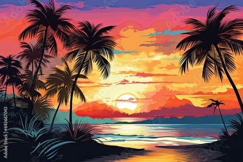 A simple illustration of a tropical island at sunset. © OleksandrZastrozhnov