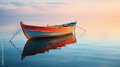 A lonely empty wooden boat is reflected in calm water. calm reflection, mirror of nature.  photo