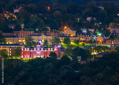 Downtown campus of West Virginia university and Woodburn hall as dusk and lights give a warm glow to Morgantown WV photo