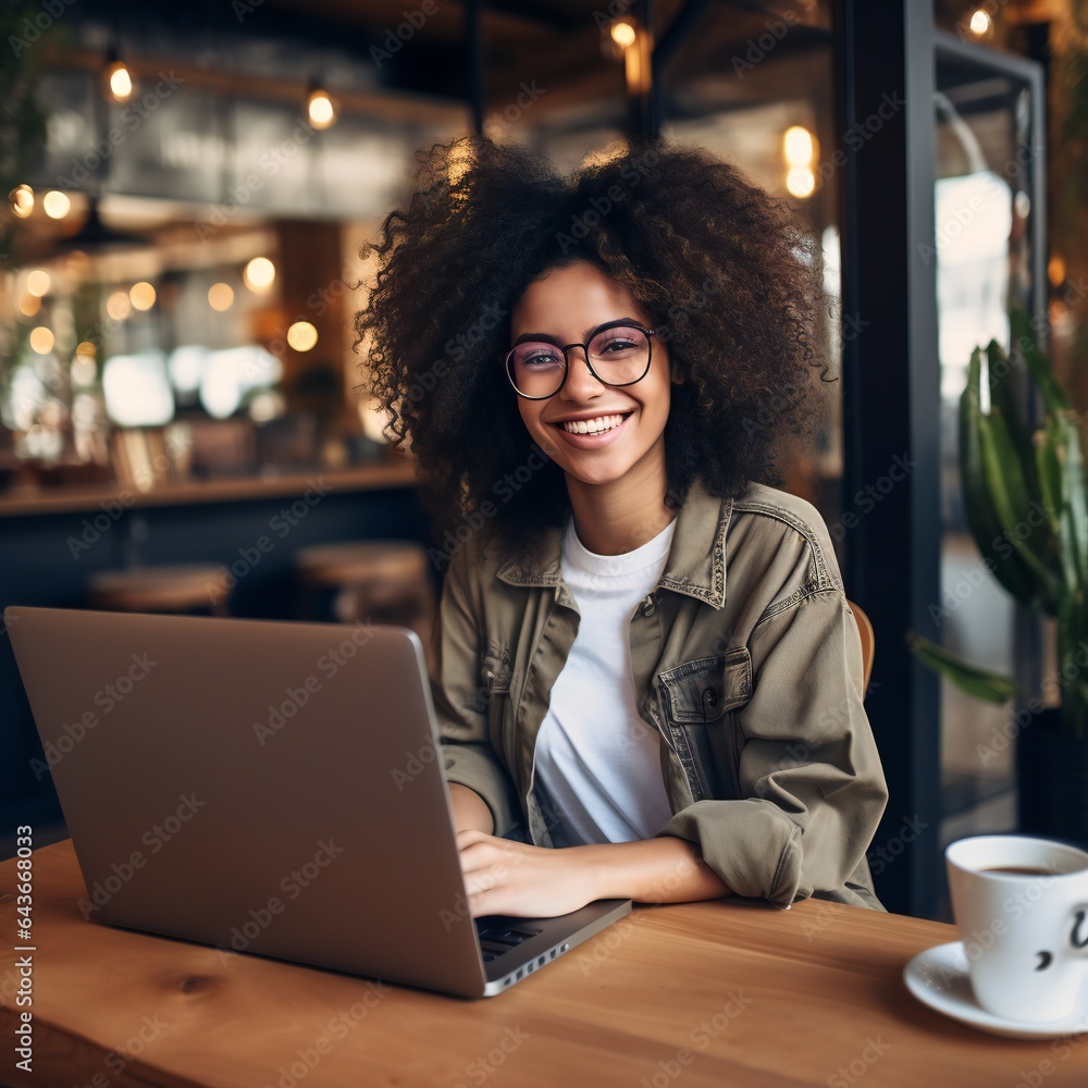 Head shot portrait of happy smiling African American woman sitting at table in cafe, looking at camera, excited female posing, working at computer, doing homework, preparing report in coffee house. Head shot portrait of happy smiling African American woman sitting at table in cafe, looking at camera, excited female posing, working at computer, doing homework, preparing report in coffee house.