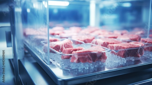 Fibers of beef meat artificially grown in the laboratory. Bright modern room