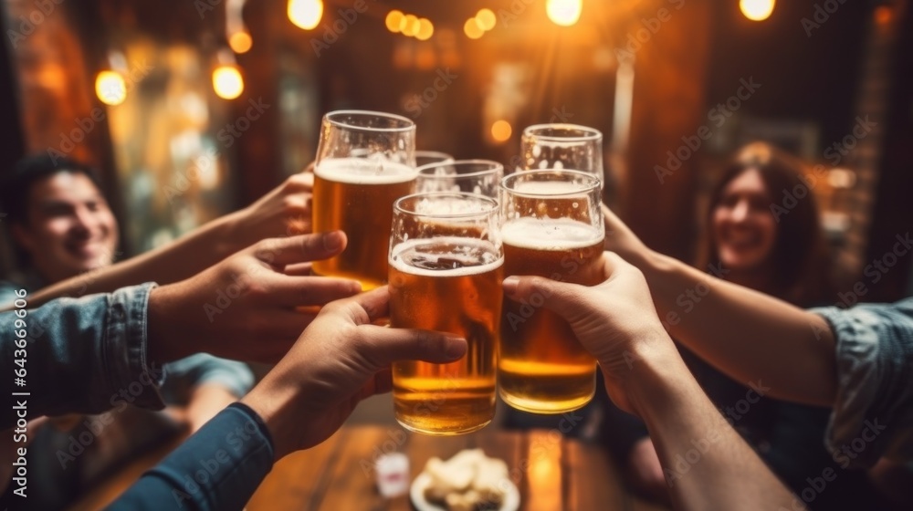Group of people enjoying and drinking beer in brewery pub, friendship concept with young people Group of people enjoying and drinking beer in brewery pub, friendship concept with young people