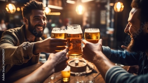 Group of people enjoying and drinking beer in brewery pub  friendship concept with young people