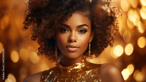 African American woman in gold on golden sparkling background  girl in golden dress.