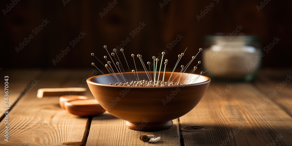 Bowl with acupuncture needles on wooden table - obrazy, fototapety, plakaty 