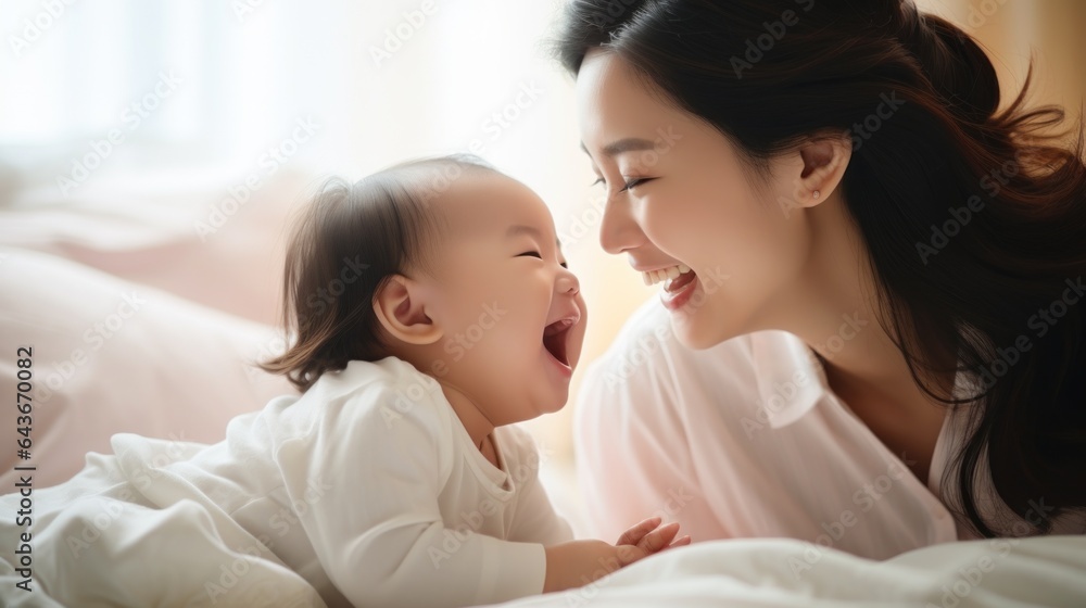 New Asian mom playing with cute newborn baby on bed smiling and happy and baby New Asian mom playing with cute newborn baby on bed smiling and happy and baby