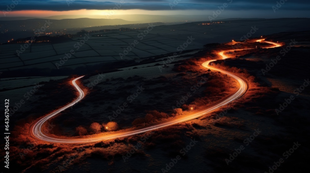 A curvy, winding country road with a path of light from leading headlights passes.