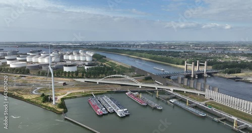 Aerial drone view of the Zwartewaalsebrug part of the Theemswegtrace, Havenspoorlijn, in the port of Rotterdam. photo
