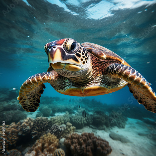 Sea turtle swimming in coral reef © Karl