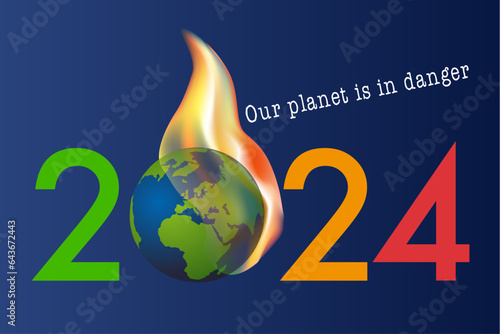 Carte de vœux 2024 sur le thème de l’environnement et de la lutte contre le dérèglement climatique avec le symbole de la terre qui brûle.