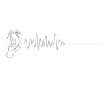 Continuous one line drawing of human ear with audio waves. Human ear with sound waves outline. Editable stroke.