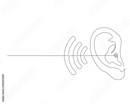 Continuous one line drawing of human ear with audio waves. Human ear with WiFi symbol ,sound waves outline. Editable stroke.