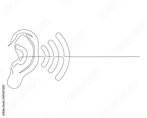 Continuous one line drawing of human ear with audio waves. Human ear with WiFi symbol ,sound waves outline. Editable stroke.