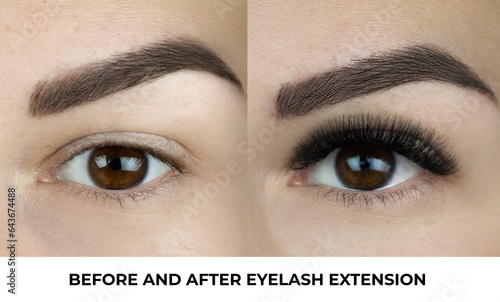 Close up shot of before and after procedure of lash extension. Macro shot of female brown eye with long false volume lashes. Young woman with perfect cat shape eye and beautiful eyelash extensions