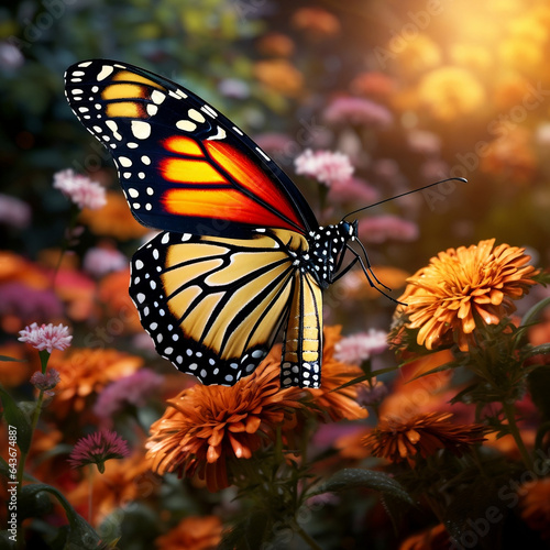 Mariposa en un exuberante jardín, exhibiendo sus alas naranjas vibrantes con patrones intrincados. Utiliza iluminación cinematográfica para evocar una sensación de encanto.  © Iparhaizeaphoto