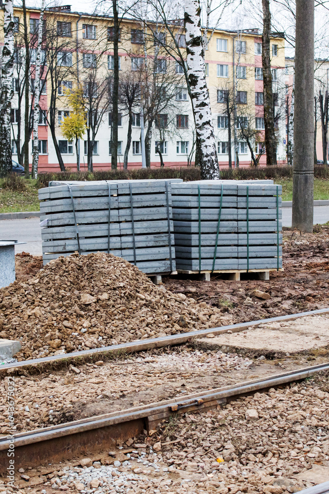 Sand on repair work on tram rails Sand on repair work on tram rails