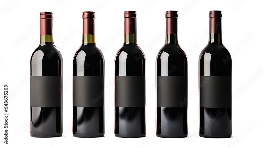 Five bottles of red wine isolated on white created with Generative AI Five bottles of red wine isolated on white created with Generative AI