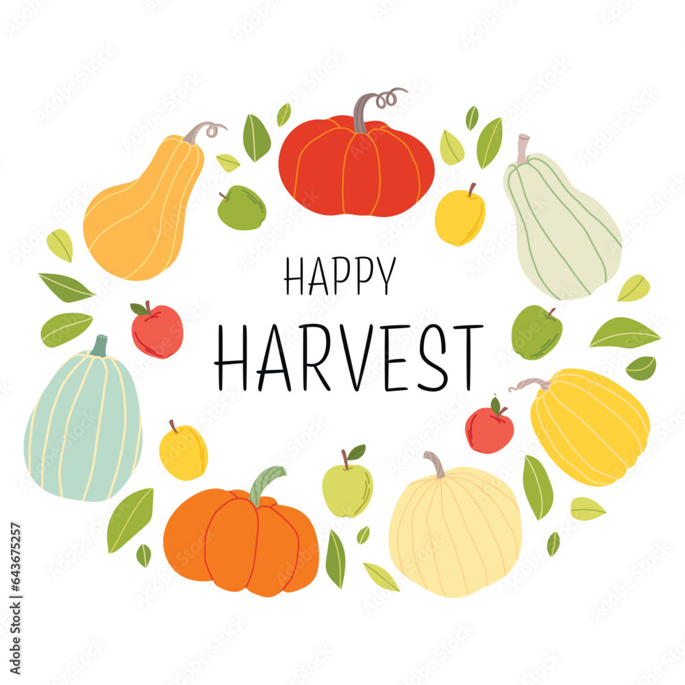 Happy Harvest frame. Lettering with apple, pumpkin and leaves isoleted on white background. Vector harvest, autumn design element for poster, banner, print, badge. Happy Harvest frame. Lettering with apple, pumpkin and leaves isoleted on white background. Vector harvest, autumn design element for poster, banner, print, badge.